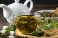 Green tea. Hot tea in a cup on a wooden stand,  sugar and mint on a dark background Royalty Free Stock Photo