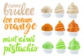 Green tea ice cream with mint vector Set of pistachio, kiwi, orange, creme brulee with of different shapes in a cup on transparent Royalty Free Stock Photo