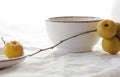 Green tea with japanese quince on white linen textile, minimalist composition with herbal tea in white cup with fruit branch