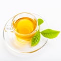 Green tea leaf and glass cup of black tea Royalty Free Stock Photo