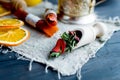 green tea leaves with strawberry in a wooden spoon Royalty Free Stock Photo