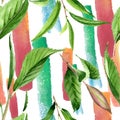 Green tea leaves. Watercolor background illustration set. Seamless background pattern. Royalty Free Stock Photo