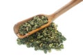 Green tea leaves and wooden scoop