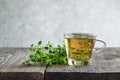 Green tea with lemon balm herb in glass cup on rustic wooden table Royalty Free Stock Photo