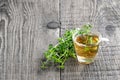 Green tea with lemon balm herb in glass cup on wooden table Royalty Free Stock Photo