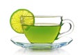 Green tea with lemon on a white background