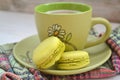 Green tea macaron on rustic background. Macro, vintage toned image