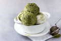 Green Tea Matcha and Coconut Ice Cream in White Bowl on a Grey Background Tasty Healthy Vegan Ice Cream Horizontal Royalty Free Stock Photo