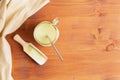 Green Tea matcha in glass mason jar and spice spatula Royalty Free Stock Photo