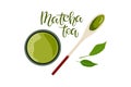 Green tea matcha. Japanese Matcha tea bowl, wooden spoon, fresh green leaves. Flat vector Top view illustration for Royalty Free Stock Photo