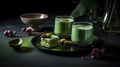 Green tea matcha latte with macaroons on dark background.