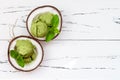 Green tea matcha mint ice cream with chocolate and coconut milk. Royalty Free Stock Photo