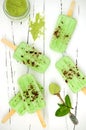 Green tea matcha mint popsicles with chocolate and coconut milk. Royalty Free Stock Photo