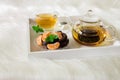 Green tea with mint on a tray.