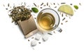 Green tea with natural aromatic additives and a cup. Top view on white background Royalty Free Stock Photo