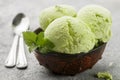 Green tea organic homemade ice cream with mint leaves Royalty Free Stock Photo
