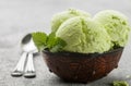 Green tea organic homemade ice cream with mint leaves Royalty Free Stock Photo