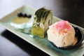 Green tea roll cake with ice cream Royalty Free Stock Photo