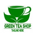 Green tea shop logo.  Vector illustration of green tea leaf and green color cup isolated on white background Royalty Free Stock Photo