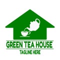 Green tea shop logo.  Vector illustration of green tea leaves, kettle and cup in green house Royalty Free Stock Photo