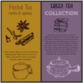 Green tea and spices banners set sketch vector illustration. Tea leaves, chinese teapot, herbs and spices. Design for