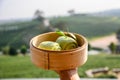 Green tea steamed bun on wooden basket in tea plantation Royalty Free Stock Photo