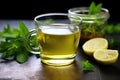 green tea steeping with fresh mint and lemon