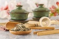 Green tea, traditional Chinese porcelain tea Sasha and tea ceremony attributes Royalty Free Stock Photo