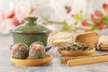 Green tea, traditional Chinese porcelain tea Sasha and tea ceremony attributes Royalty Free Stock Photo