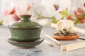 Green tea, traditional Chinese porcelain tea Sasha and tea ceremony attributes Royalty Free Stock Photo