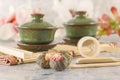 Green tea, traditional Chinese porcelain tea Sasha and tea ceremony attributes Royalty Free Stock Photo