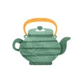 Green teakettle with stripes and orange handle. Ceramic utensil theme. Flat vector icon with texture