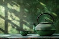 Green teapot and cup on a table with copy space