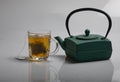 a green teapot and a cup of green tea.