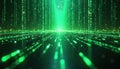Green tech backdrop shows matrix style data rain. Digital lines of code fall over plane. Cyber space with binary streams for Royalty Free Stock Photo