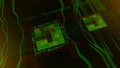 Green technological background, circuit board and code on dark blue background. Animation. Abstract micro chip, cyber Royalty Free Stock Photo
