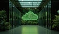 Green technology cloud circuit hovers over server racks amid vibrant green plants Royalty Free Stock Photo