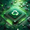 Green Technology Concept with Recycle Sign on Circuit Board. AI Content Generation.