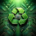 Green Technology Concept with Recycle Sign on Circuit Board. AI Content Generation.