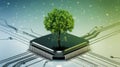 Green Technology Concept With Tree Growing From a Computer Chip in Early Morning Royalty Free Stock Photo