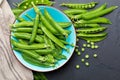 Green, tender, fresh and raw peas. Close-up and top view. Rustic appearance. Rustic appearance.