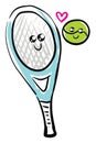 Clipart of the tennis ball and racket in love viewed from the front, vector or color illustration Royalty Free Stock Photo