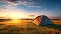 Green Tent on Lush Green Field. Hiking and outdoor recreation