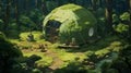 a green tent in the woods with a table next to it, in the style of anime art