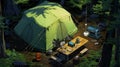 a green tent in the woods with a table next to it, in the style of anime art