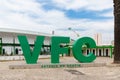 Green text banner in Bonfim Stadium of the Vitria de Setubal club in the city of Setubal, Portugal