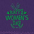 Green Text of Happy Women\'s Day with Hearts, Leaves, Gift Boxes on Purple Wood Texture Background. Can Be Used as Greeting Royalty Free Stock Photo