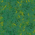 Green textile seamless pattern. Contour leaves hand-drawn, monochrome texture for the fabric