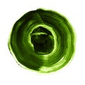 Green textured acrylic circle. Watercolour stain on white background.