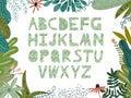 Green textured floral alphabet font uppercase letters with flowers leaves and isolated on white background. Flat cartoon Royalty Free Stock Photo